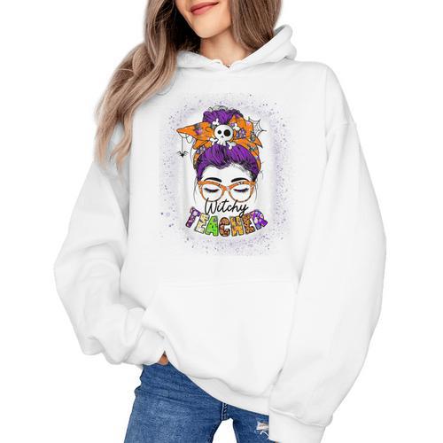 Witchy Teacher Halloween Messy Bun Teacher Bleached Women's Hoodie - teacherstshirts.com AU