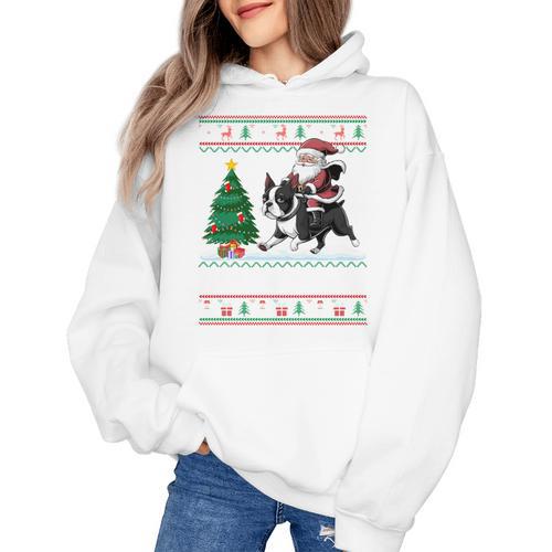 Xmas Tree Lighting Santa Riding Boston Terrier Christmas Women's Hoodie - Bostonterriersmerch.com