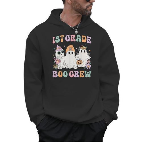 1st Grade Boo Crew Groovy Halloween Floral Ghost Kid Teacher Men Hoodie - teacherstshirts.com CA