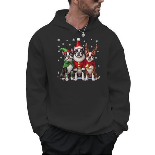 Boston Terrier Christmas Dogs Santa Reindeer Elf Men Hoodie - Bostonterriersmerch.com