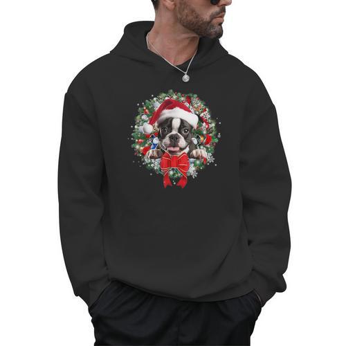Boston Terrier Christmas Wreath Decoration Xmas Pajamas Men Hoodie - Bostonterriersmerch.com