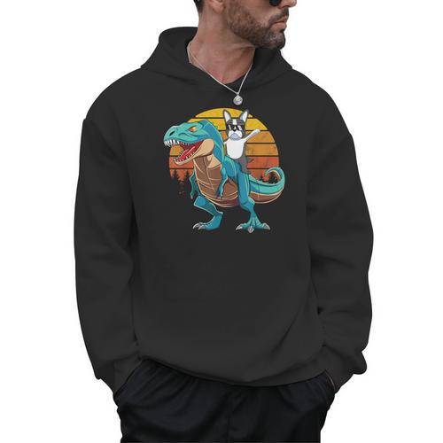 Boston Terrier Dog Riding Dinosaur T Rex Boys Men Hoodie - Bostonterriersmerch.com