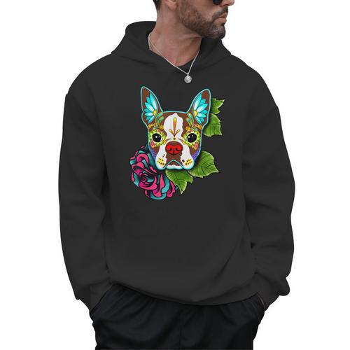 Boston Terrier In Red Day Of The Dead Sugar Skull Dog Men Hoodie - Bostonterriersmerch.com