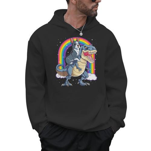 Boston Terrier Riding Dinosaur T-Rex Boys Kids Rainbow Men Hoodie - Bostonterriersmerch.com