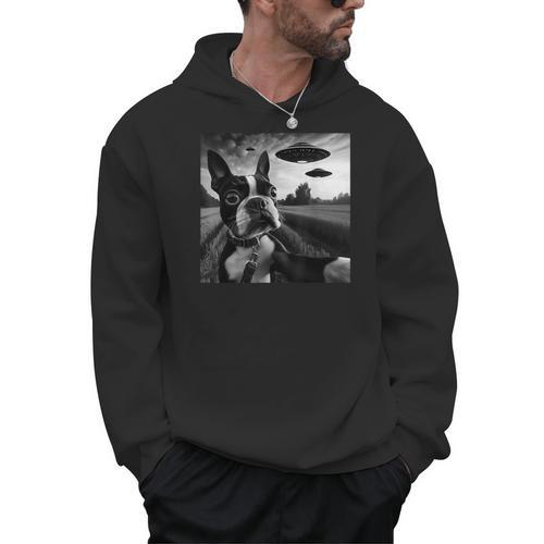 Boston Terrier Graphic Selfie With UFOs Weird Aliens Men Hoodie - Bostonterriersmerch.com