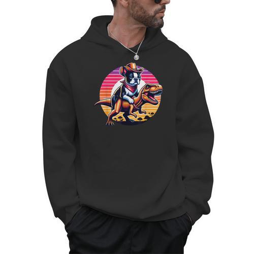 Boston Terrier Wearing A Cowboy Hat On T-Rex Men Hoodie - Bostonterriersmerch.com CA