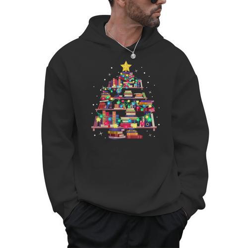 Christmas Library Tree Love Reading Books Nerd Teacher Men Hoodie - teacherstshirts.com UK