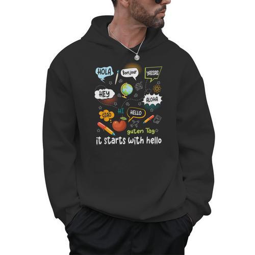 Friendship Inclusion Language Teacher It Starts With Hello Men Hoodie - teacherstshirts.com
