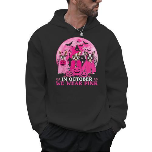 Ghost And Witch Boston Terrier Dog In October We Wear Pink Men Hoodie - Bostonterriersmerch.com