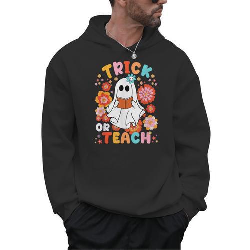 Groovy Halloween Trick Or Teach Retro Floral Ghost Teacher For Men Women Kids Men Hoodie - teacherstshirts.com UK