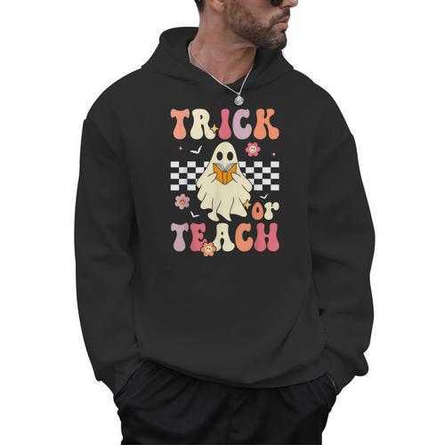 Groovy Teacher Halloween Retro Trick Or Teach Floral Ghost Men Hoodie - teacherstshirts.com AU