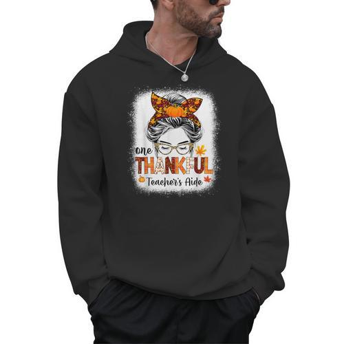 One Thankful Teacher's Aide Messy Bun Thanksgiving Fall Men Hoodie - teacherstshirts.com AU