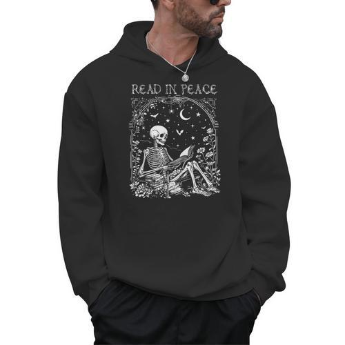 Read In Peace Skeleton Reading Teacher Spooky Halloween Men Hoodie - teacherstshirts.com UK