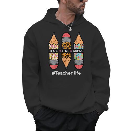 Teacher Life Teach Love Inspire Pencils Inspirational Women Men Hoodie - teacherstshirts.com UK