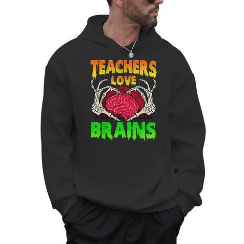 Teacher Teachers Love Brains Skeleton Hand Heart Halloween Men Hoodie - teacherstshirts.com DE