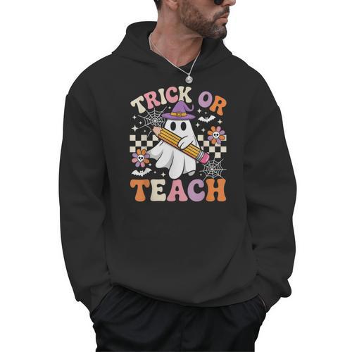 Trick Or Teach Groovy Teacher Halloween Retro Ghost Men Hoodie - teacherstshirts.com AU