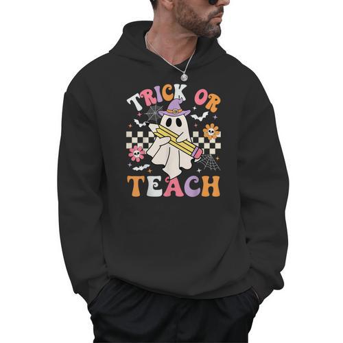 Trick Or Teach Groovy Teacher Halloween Retro Teacher Ghost Men Hoodie - teacherstshirts.com AU