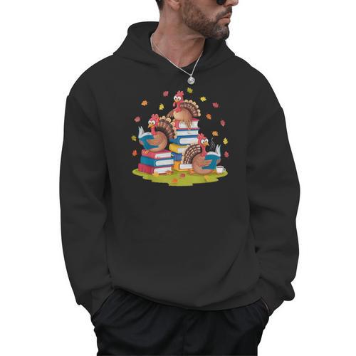 Turkey Reading Books Fall Season Thanksgiving Teacher Book Men Hoodie - teacherstshirts.com DE