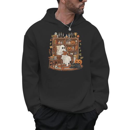 Vintage Ghost Book Reading Pumpkin Gothic Halloween Teachers Men Hoodie - teacherstshirts.com