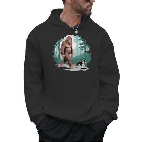 Whimsical Forest Adventures Sasquatch Bigfoot Walking Boston Terrier Dog Lovers Men Hoodie - Bostonterriersmerch.com