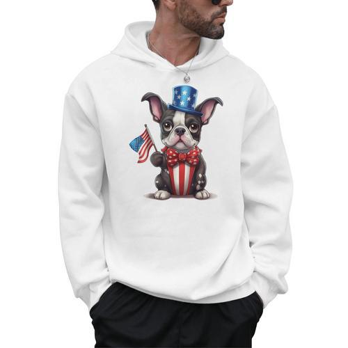 Boston Terrier Puppy Dog Holds His American Flag 4th Of July Men Hoodie - Bostonterriersmerch.com