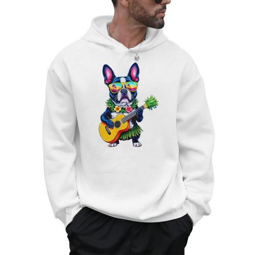 Hawaiian Boston Terrier & Pineapple Ukulele Summer Vacation Men Hoodie - Bostonterriersmerch.com