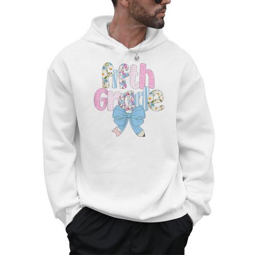 Preppy Fifth Grade Teacher Blue Floral Coquette Pencil Bow Men Hoodie - teacherstshirts.com DE