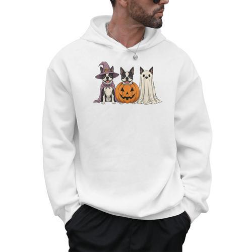 Spooky Ghost Boston Terrier Pumpkin Halloween Dog Lover Men Hoodie - Bostonterriersmerch.com
