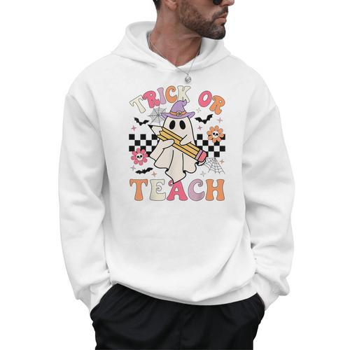 Trick Or Teach Groovy Teacher Halloween Retro Floral Ghost Men Hoodie - teacherstshirts.com AU