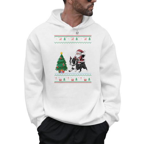 Ugly Christmas Tree Lights Xmas Santa Riding Boston Terrier Men Hoodie - Bostonterriersmerch.com
