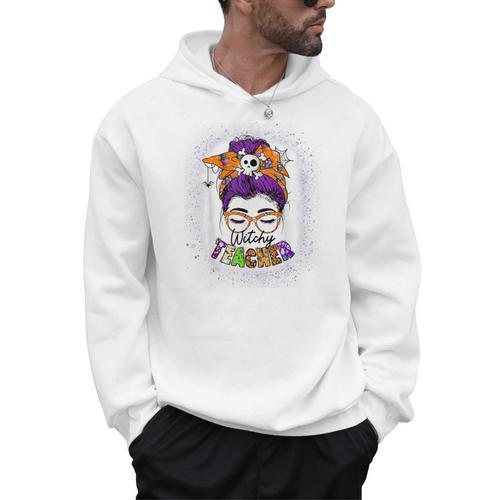 Witchy Teacher Halloween Messy Bun Teacher Bleached Men Hoodie - teacherstshirts.com CA