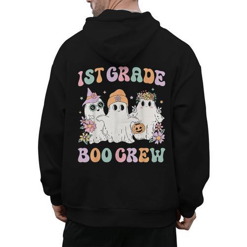 1st Grade Boo Crew Groovy Halloween Floral Ghost Kid Teacher Men's Hoodie Back Print - teacherstshirts.com CA
