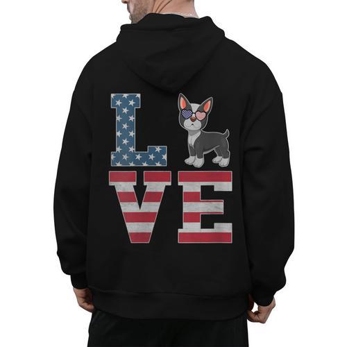 4th Of July Decor Patriotic LOVE Boston Terrier USA Flag Men's Hoodie Back Print - Bostonterriersmerch.com