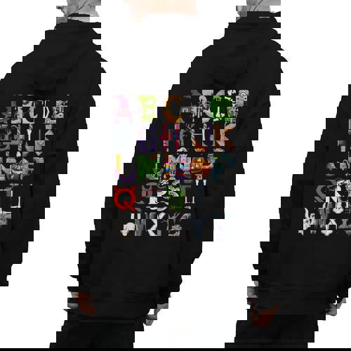 ABCs Alphabet Halloween Learning Kindergarten Teachers Men&#x27;s Hoodie Back Print - teacherstshirts.com