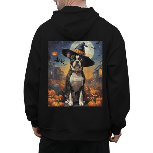Aesthetic Halloween Boston Terrier Dog Witch Pumpkin For Men Women Kids Men's Hoodie Back Print - Bostonterriersmerch.com AU