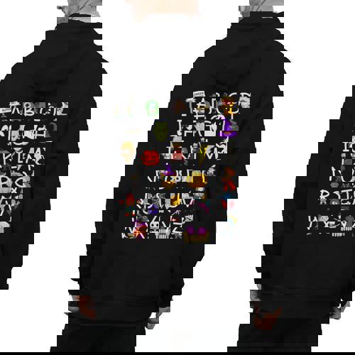 Alphabet ABCs Halloween Characters Kindergarten Teacher Kids Men&#x27;s Hoodie Back Print - teacherstshirts.com