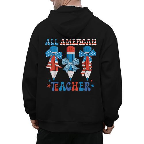 All American Teacher Pencil Coquette Bow USA Flag Teachers Men's Hoodie Back Print - teacherstshirts.com UK