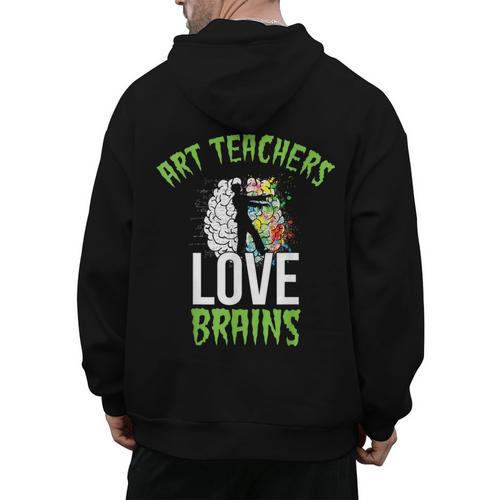 Art Teachers Love Brains Shirt Halloween Zombie Teaching Tee Men Women Kids Men's Hoodie Back Print - teacherstshirts.com AU