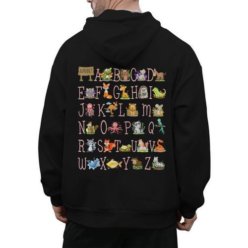 Back To School Kindergarten Teacher ABCs Animals Alphabet Men's Hoodie Back Print - teacherstshirts.com