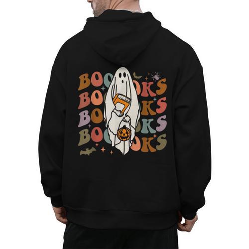 Booooks Ghost Halloween Groovy Vintage Teacher Book Reading Men's Hoodie Back Print - teacherstshirts.com UK