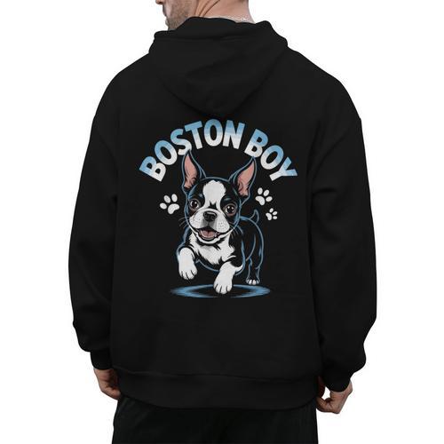 Boston Terrier Boy Cute Cartoon Dog Owner Pet Boston Terrier Men's Hoodie Back Print - Bostonterriersmerch.com