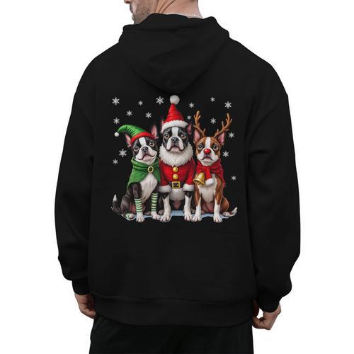 Boston Terrier Christmas Dogs Santa Reindeer Elf Men's Hoodie Back Print - Bostonterriersmerch.com