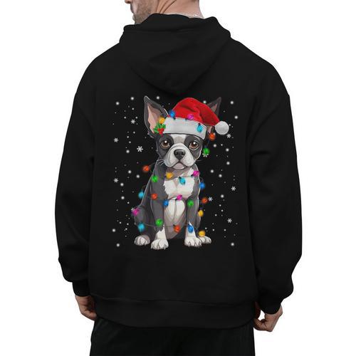 Boston Terrier Christmas Santa Hat Tree Lights Pajama Men's Hoodie Back Print - Bostonterriersmerch.com