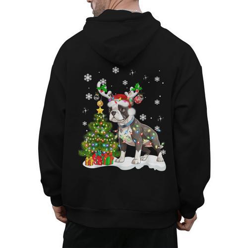 Boston Terrier Christmas Tree Lights Santa Hat Men's Hoodie Back Print - Bostonterriersmerch.com