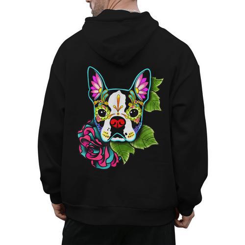 Boston Terrier In Day Of The Dead Sugar Skull Dog Men's Hoodie Back Print - Bostonterriersmerch.com