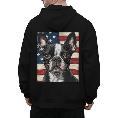 Boston Terrier Dog American Flag 4th Of July Patriotic Puppy Men's Hoodie Back Print - Bostonterriersmerch.com