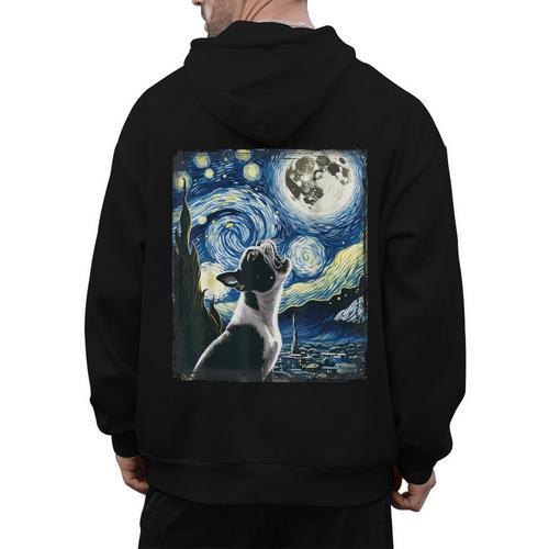 Boston Terrier Dog Art Van Gogh Starry Night Boston Terrier Men's Hoodie Back Print - Bostonterriersmerch.com