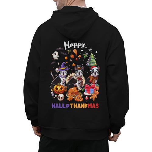 Boston Terrier Dog Christmas Happy Hallothankmas Halloween For Men Women Kids Men's Hoodie Back Print - Bostonterriersmerch.com