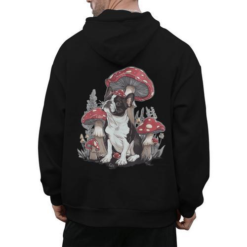 Boston Terrier Dog Cottagecore Aesthetic Mushroom Hat Men's Hoodie Back Print - Bostonterriersmerch.com