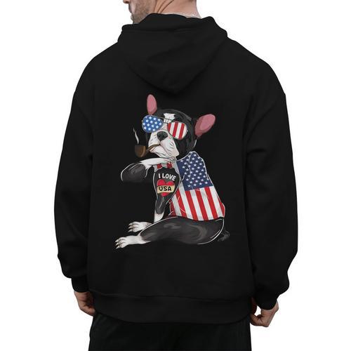 Boston Terrier Dog Merica 4th Of July Usa American Flag Men Men's Hoodie Back Print - Bostonterriersmerch.com